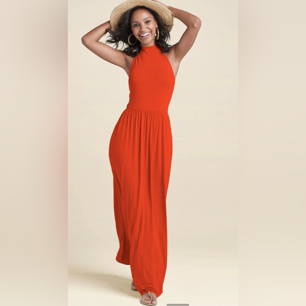 VENUS Bright Tangerine-Colored Halter Maxi Dress w Pockets Ties at Neck Backless - Picture 6 of 14